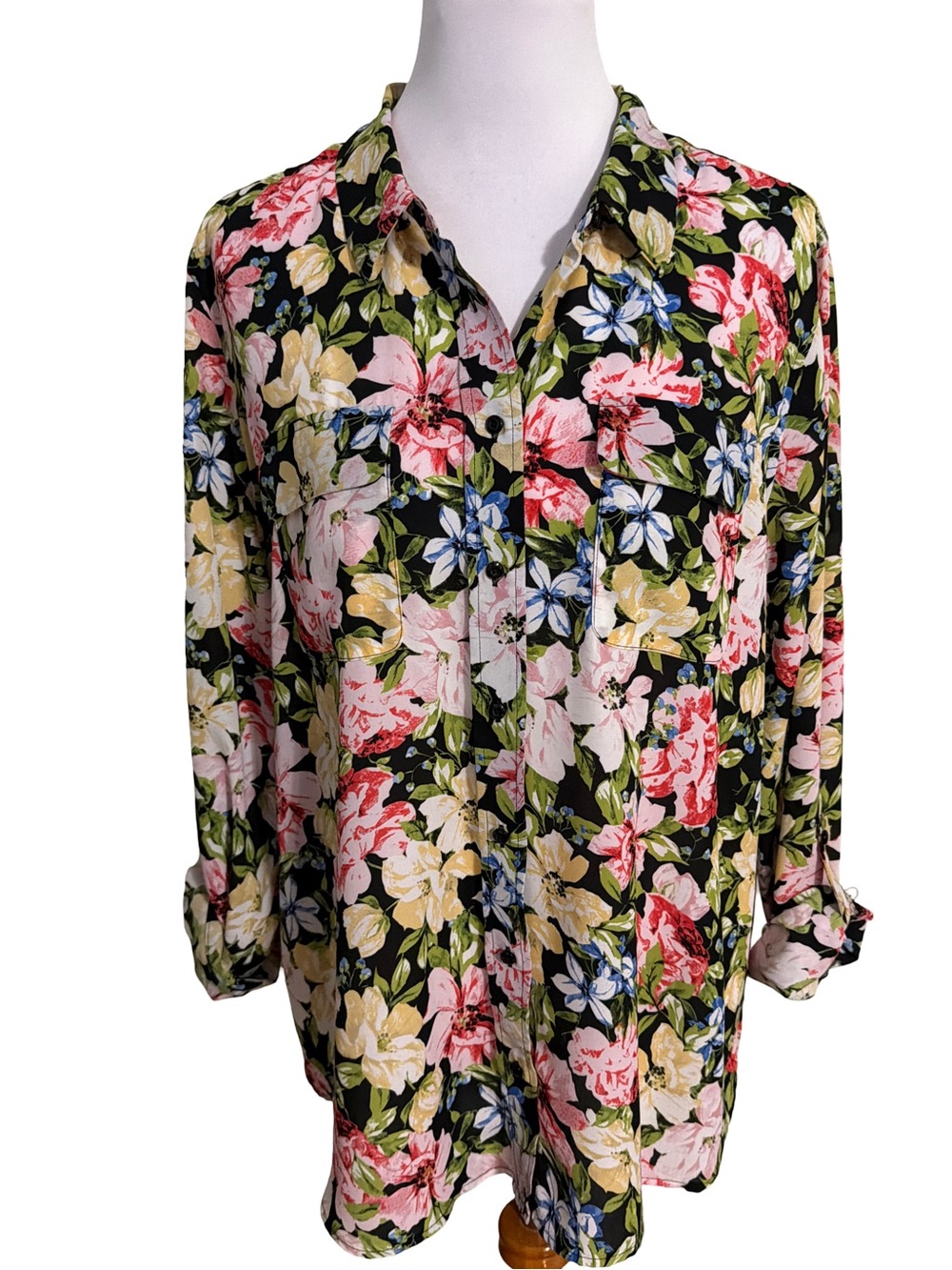 Investments Black Floral Button-Down Shirt
